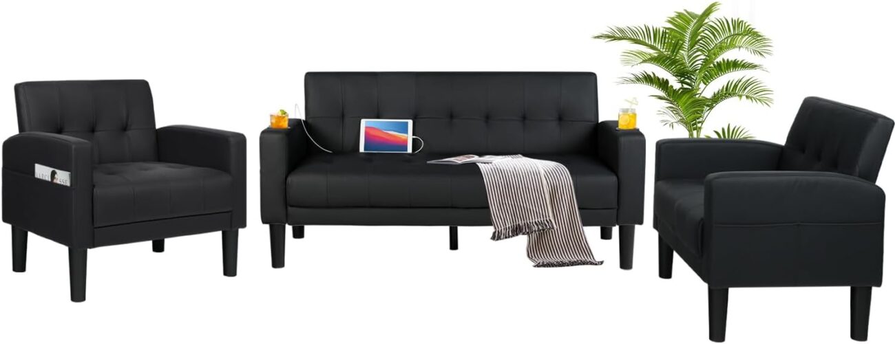 AILEEKISS 3 Piece Living Room Sofa Set Loveseat Sofas Sets with 2 USB,Cup Holders,Side Pocket, Modern Leather 3 Pcs Sectional Couches Set for Apartment, Office, Bedroom (Black, 2-Seat+1-Seat+1-Seat)