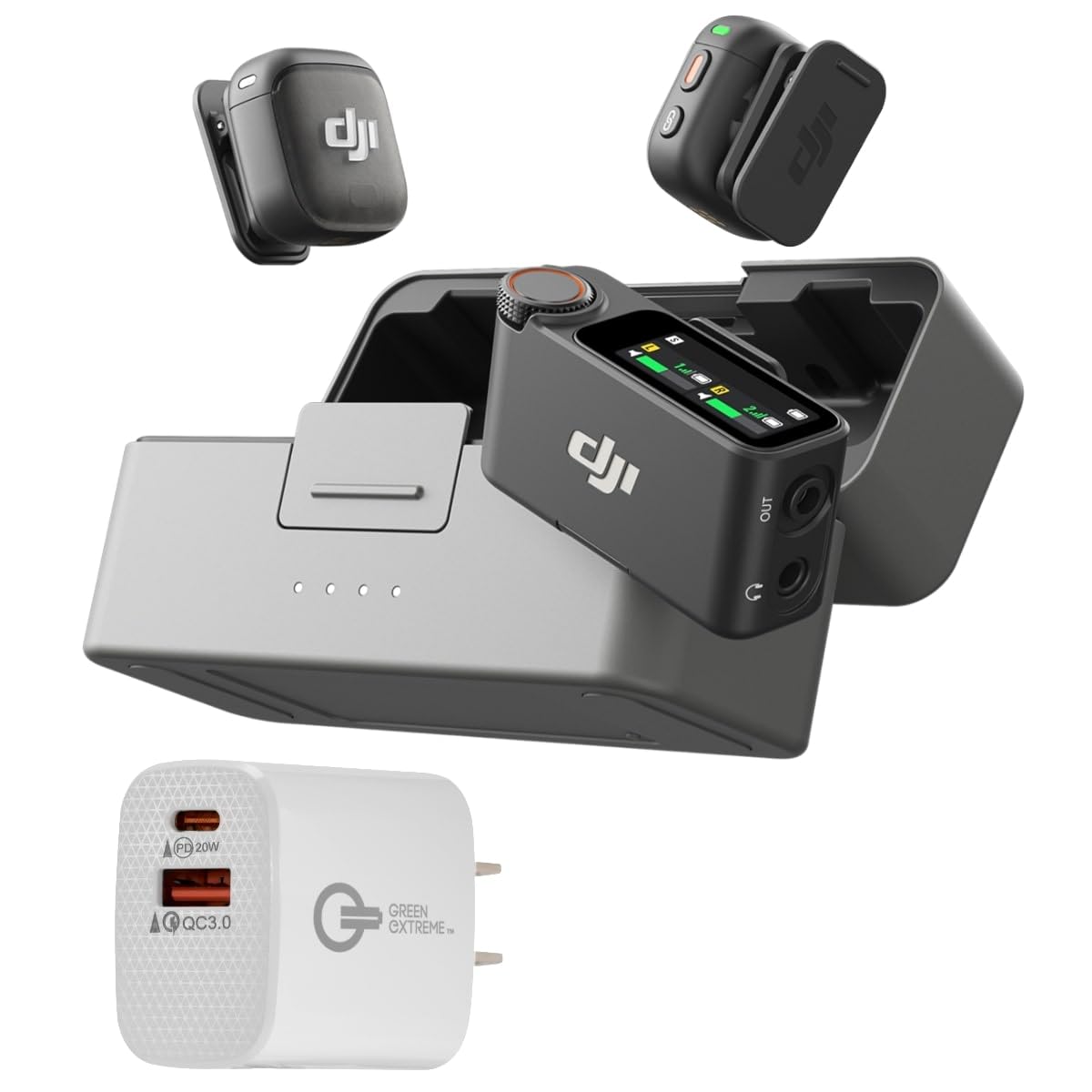 DJI Mic 3 (2 TX + 1 RX + Charging Case), Wireless Microphone for iPhone/Camera/Android, Ultralight, Adaptive Gain Control for Balanced Volume, Dual Band Anti-Interference, Vlog, 2-Port Wall Charger
