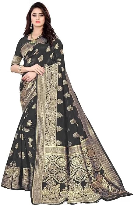 Womens Saree Women’s Banarasi Kanjivaram Navy Color Art Silk Saree with Blouse Material (Black) Clr