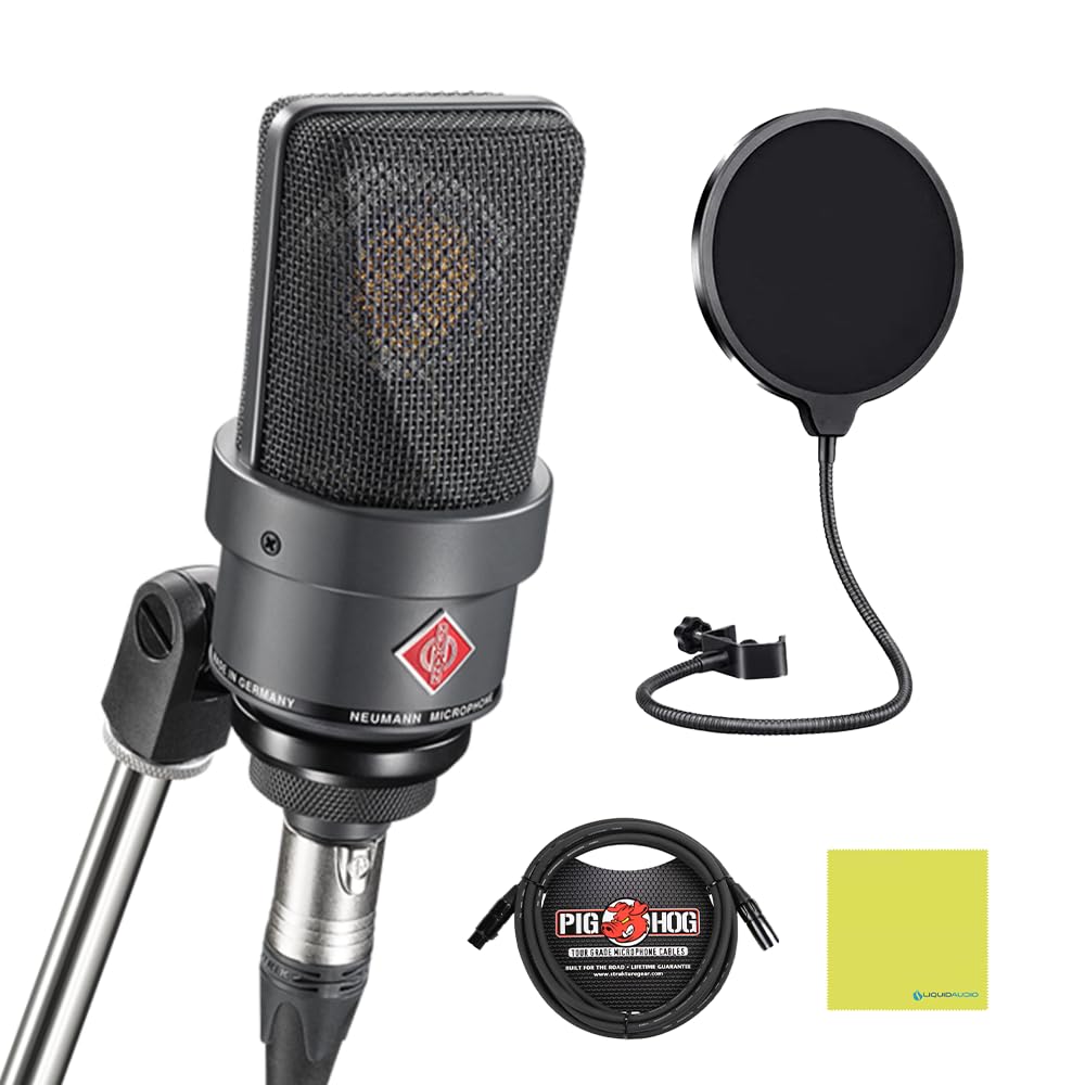Neumann TLM 103 – MT Large Diaphragm Cardioid Condenser Microphone, Black Bundle with Pig Hog PHM10 8mm 10ft Microphone Cable, Mic Pop Filter & Instrument Polishing Cloth
