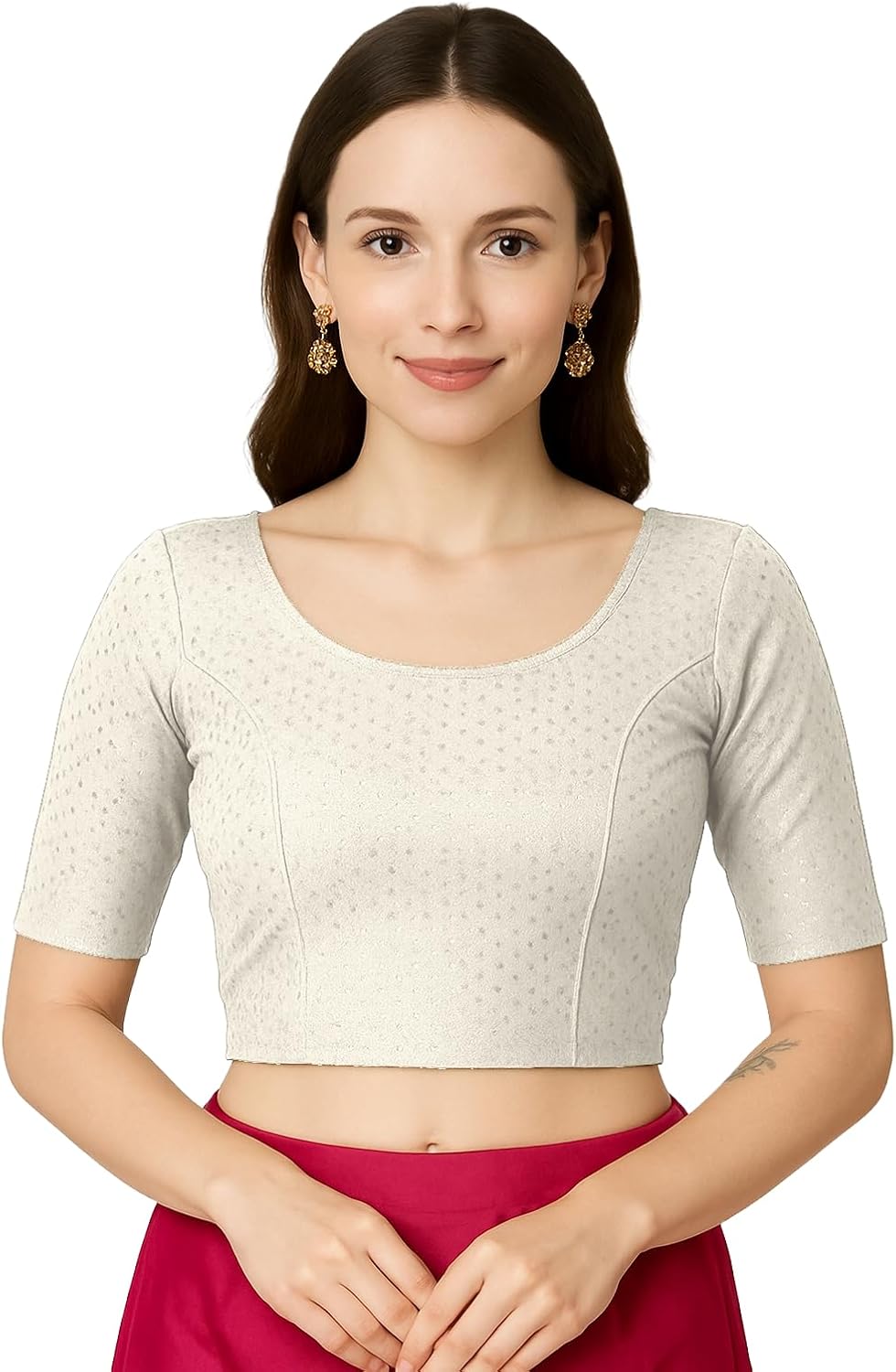 Women’s Round Neck Cotton Dobby Elbow Sleeve Readymade Saree Blouse
