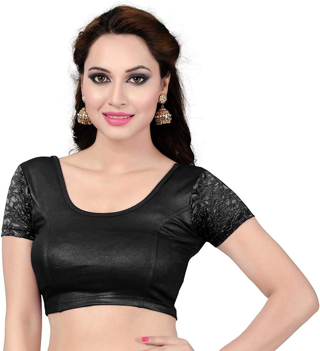 TMS Women’s Blouses Readymade Gold Stretchable Saree Crop Top Choli Free Size Sparkling (Black 1, One Size (Can fit bust size between 28″-38″))