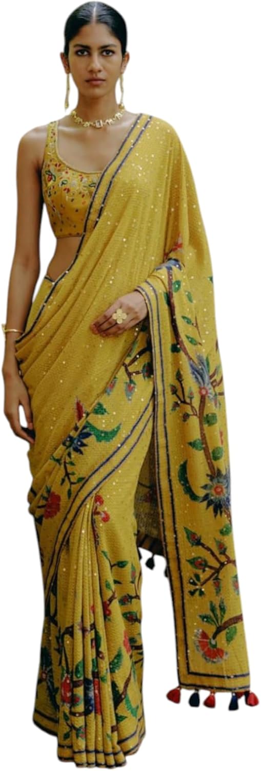 Partywear Saree for women with wedding look Designer Embroidery work on Georgette Fabric with Unstitch Blouse