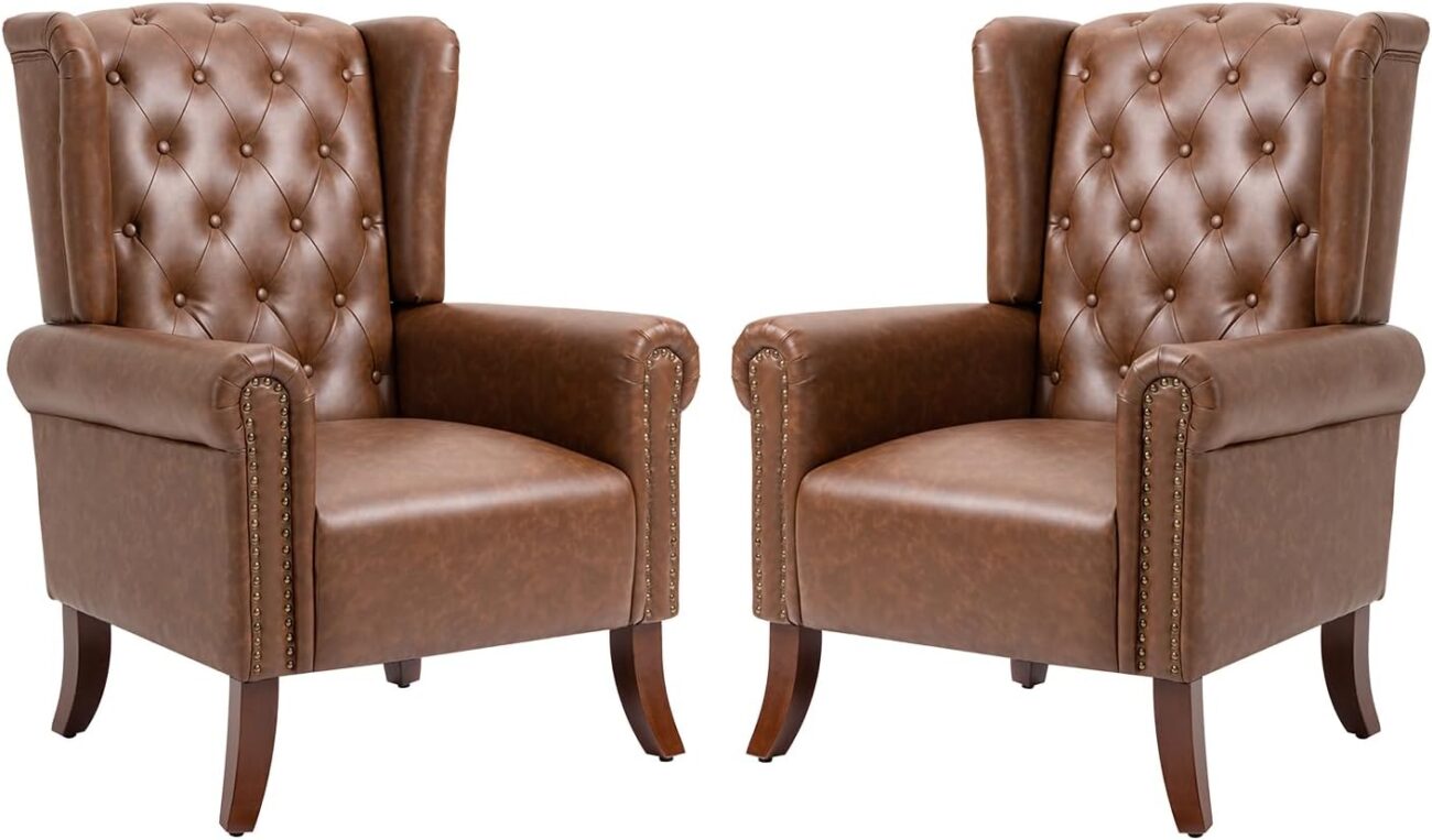 PU Leather Accent Chair Set of 2, Modern Upholstered Living Room Chair Sofa Chair with Wooden Legs, Wingback Armchair Club Chair for Bedroom,Study Room, Lounge (Brown)