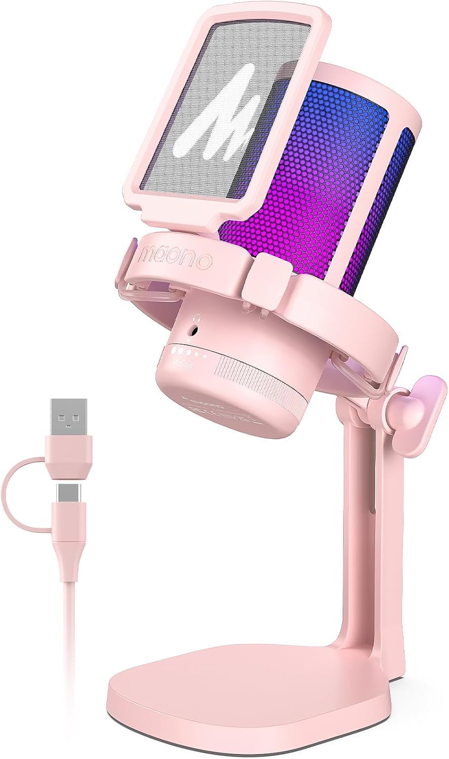 MAONO Gaming Microphone for PC with Noise Cancellation, USB Condenser Mic for Computer, Mac, Laptop, PS5, Streaming, Podcast, Twitch, YouTube, Discord, GamerWave DGM20 Pink