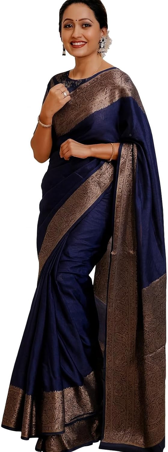Women’s Banarasi Silk Saree With Unstitche Blouse Piece Rich Zari Weaving Border