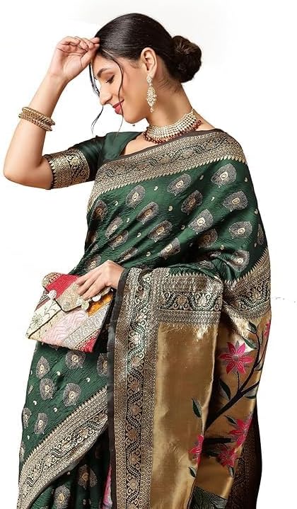 Saree For Womens Women’s Paithani Silk Blend Woven Saree With Blouse Piece For Wedding Diwali Dhanteras Pack Of 1 (Green)