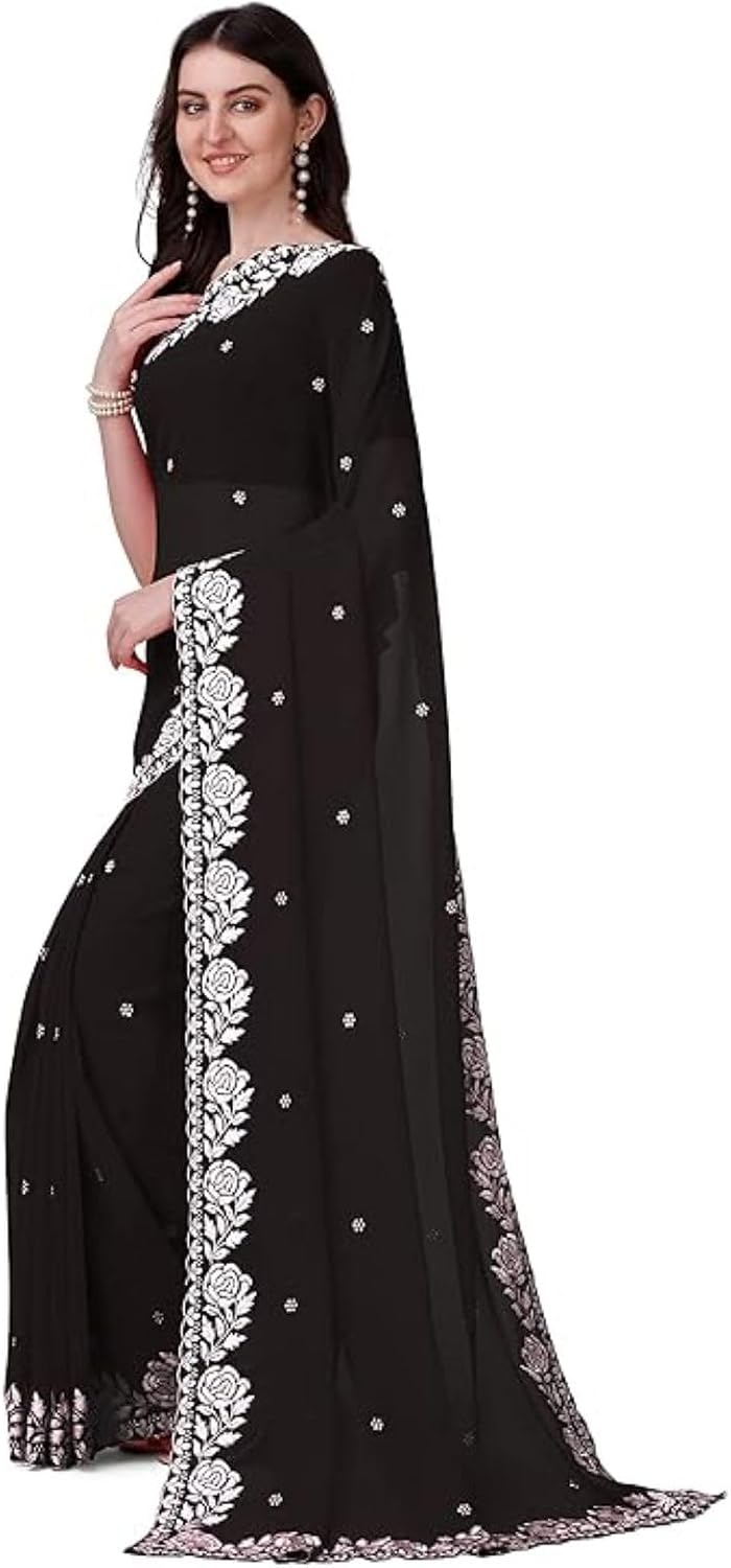 Women’s Georgette Embroidery Border Work Designer Saree with Blouse Piece (Black)
