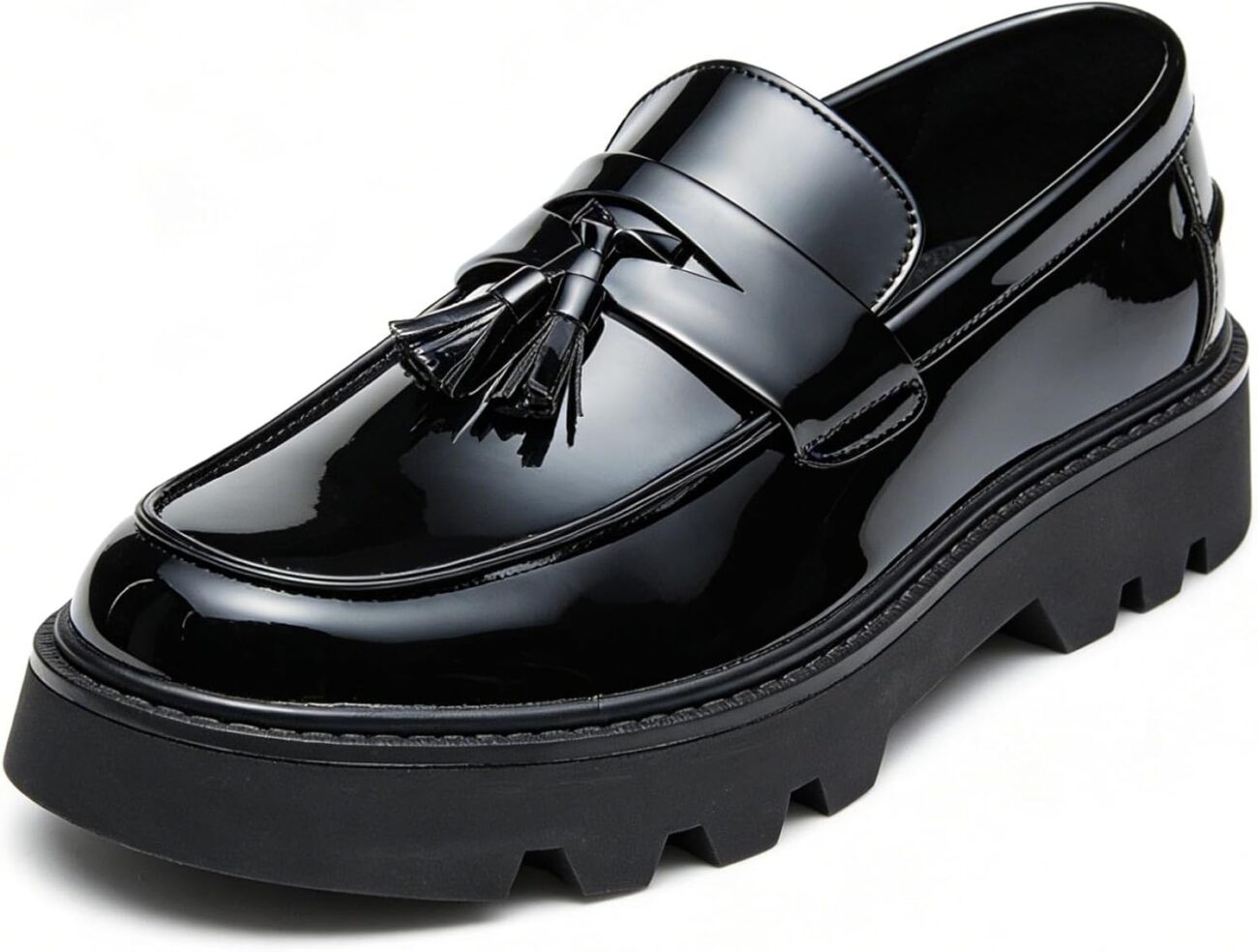 Men’s Leather Platform Loafers,Slip On Lug Sole for Dress Business Casual Shoes Black