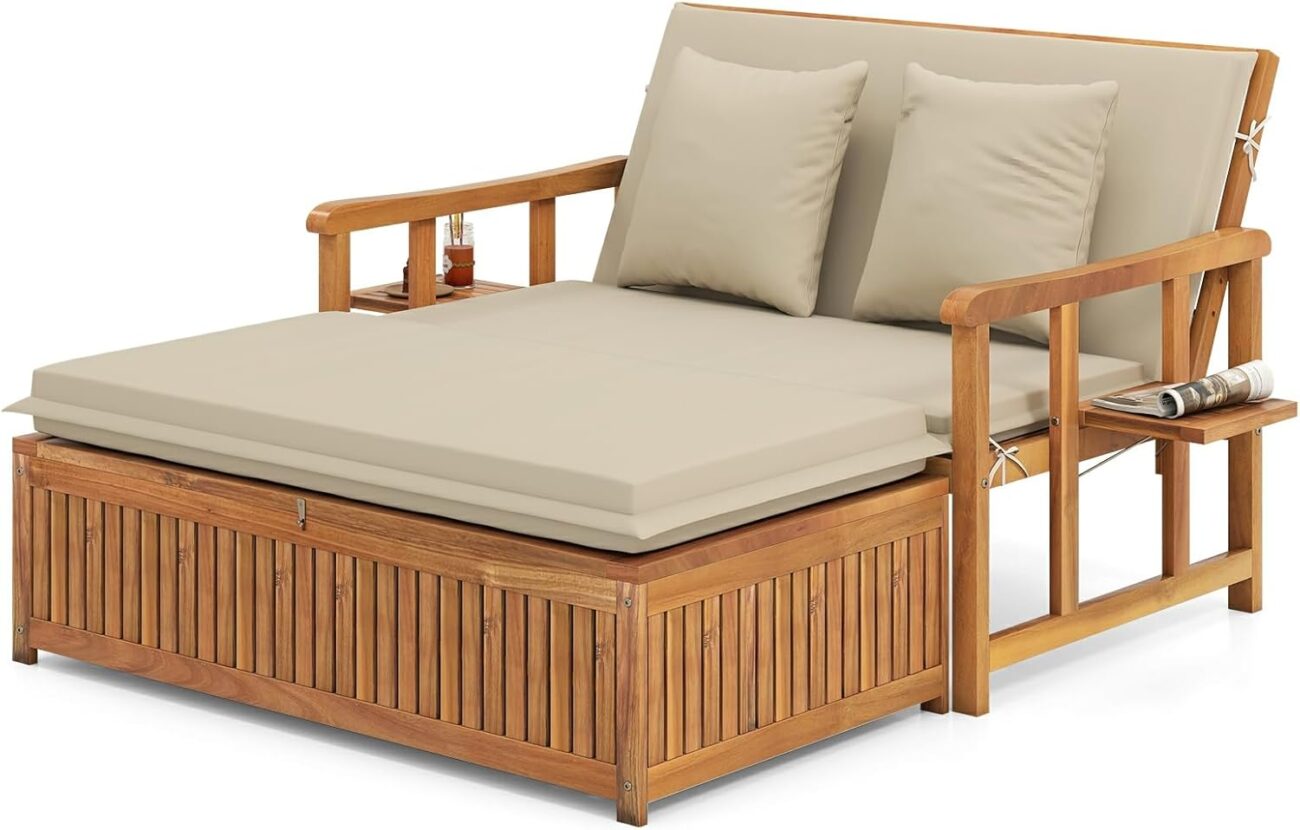 LDAILY Moccha Acacia Wood Outdoor Daybed – Wooden Loveseat Sofa with 4-Level Backrest, Storage Ottoman, Cushions, Outside Sunbed, Double Bed Lounger for Backyard Porch Pool Patio Furniture Set