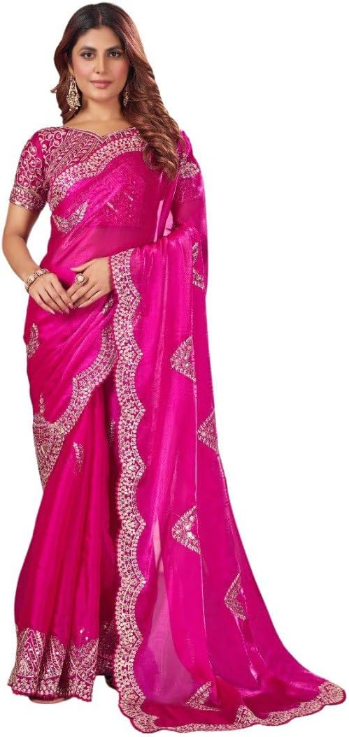 DREAM STYLE Women’s Oraganza Soft Tissue Silk Embroidered Sequance Saree With Unstitched Blouse Piece