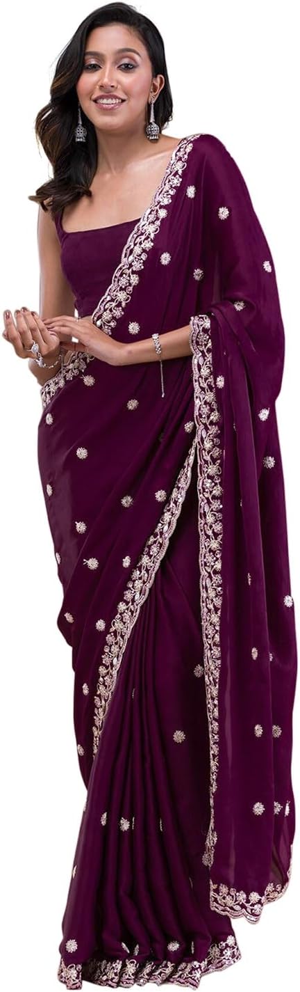 TRENDMALLS Women’s Satin Embroidery, Siroski Sequin Work Saree with Unstitch Blouse Piece