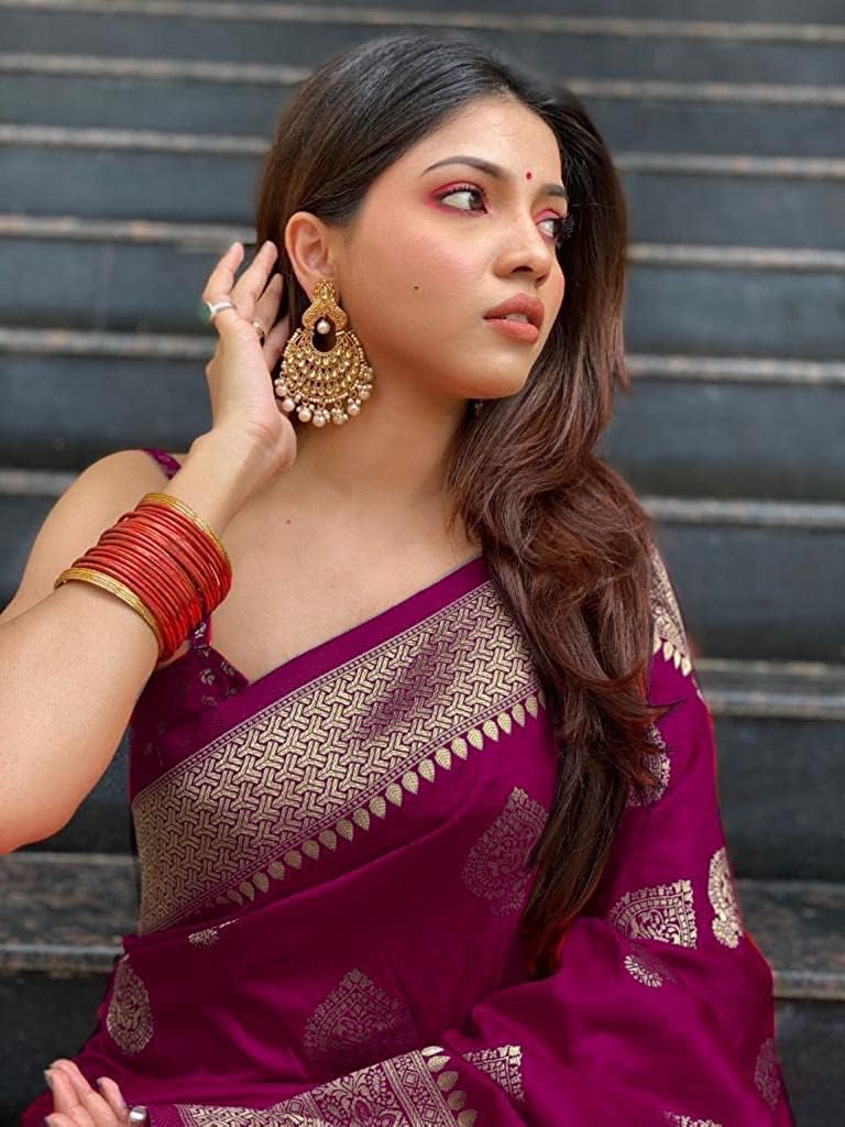 SGF11 Women’s Kanjivaram Soft Silk Saree With Blouse Piece, Wine Purple, One size, Wine Purple, One Size
