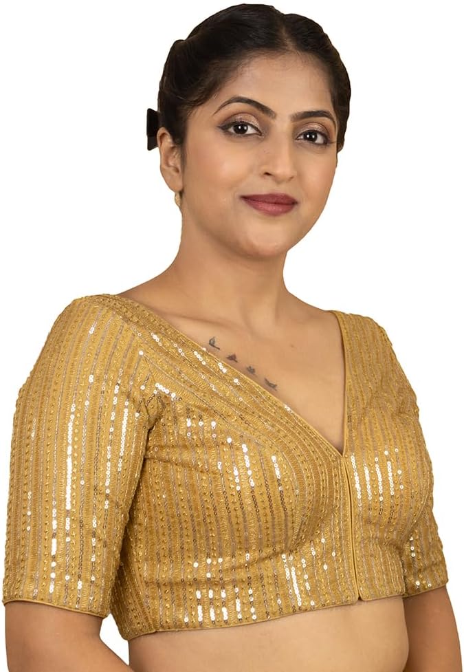 FIGURE’S DESIGNER Women’s Sequin V Neck Elbow Half Sleeve Readymade Saree Blouse E1