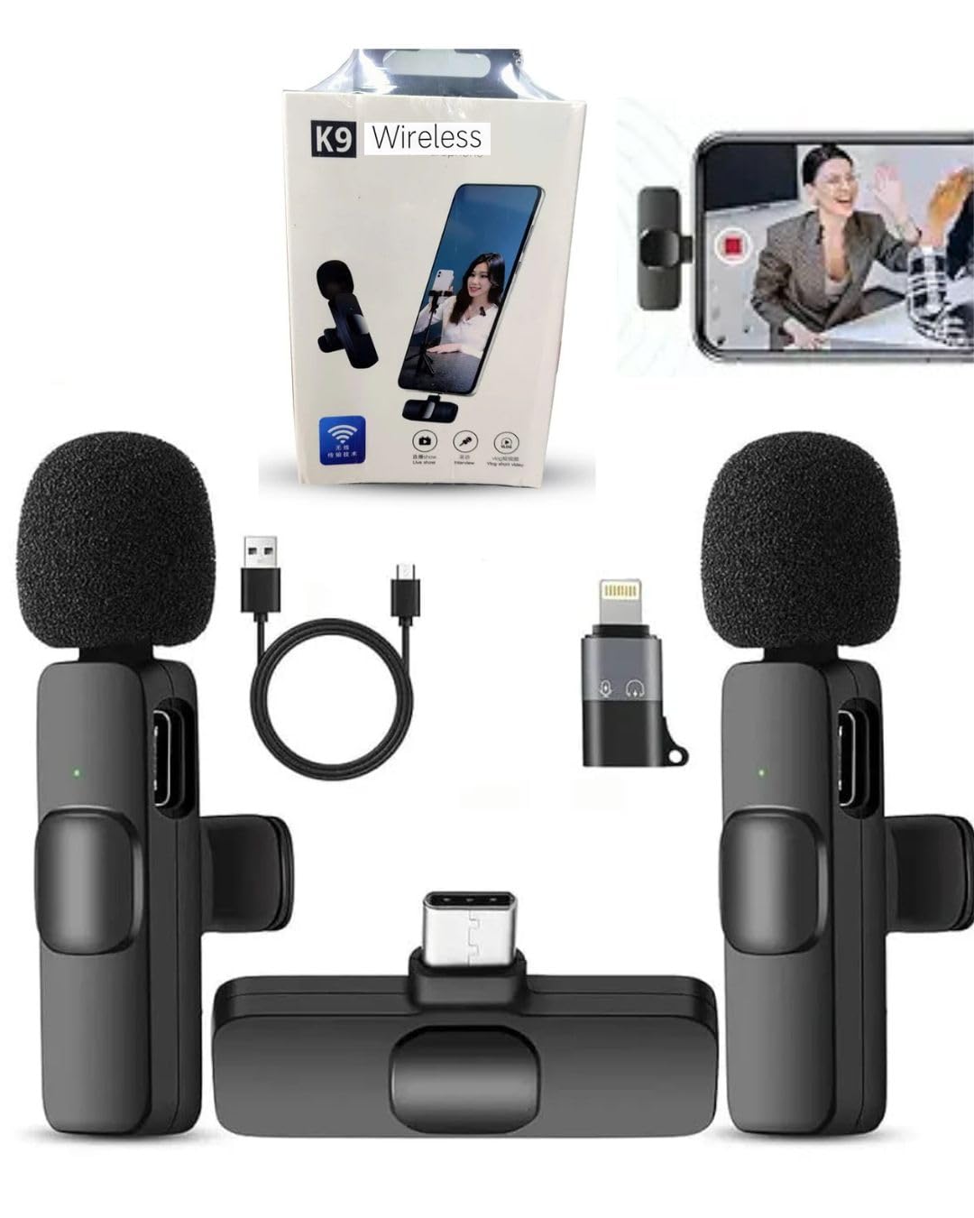 K9 Dual Wireless Microphone (2 Mics) for Mobile – Plug & Play Lavalier Mic for iPhone & Android, Clip On Mic for YouTube, Reels, Vlogging, Interviews & Video Recording