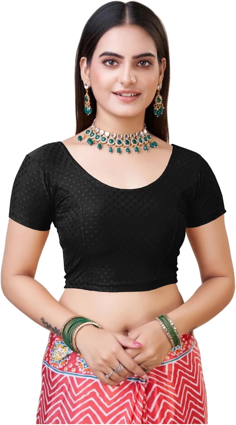 themilestocks TMS Women’s Blouses Readymade Gold Stretchable Saree Crop Top Choli Free Size (Can fit bust size 28in-38in,Black)