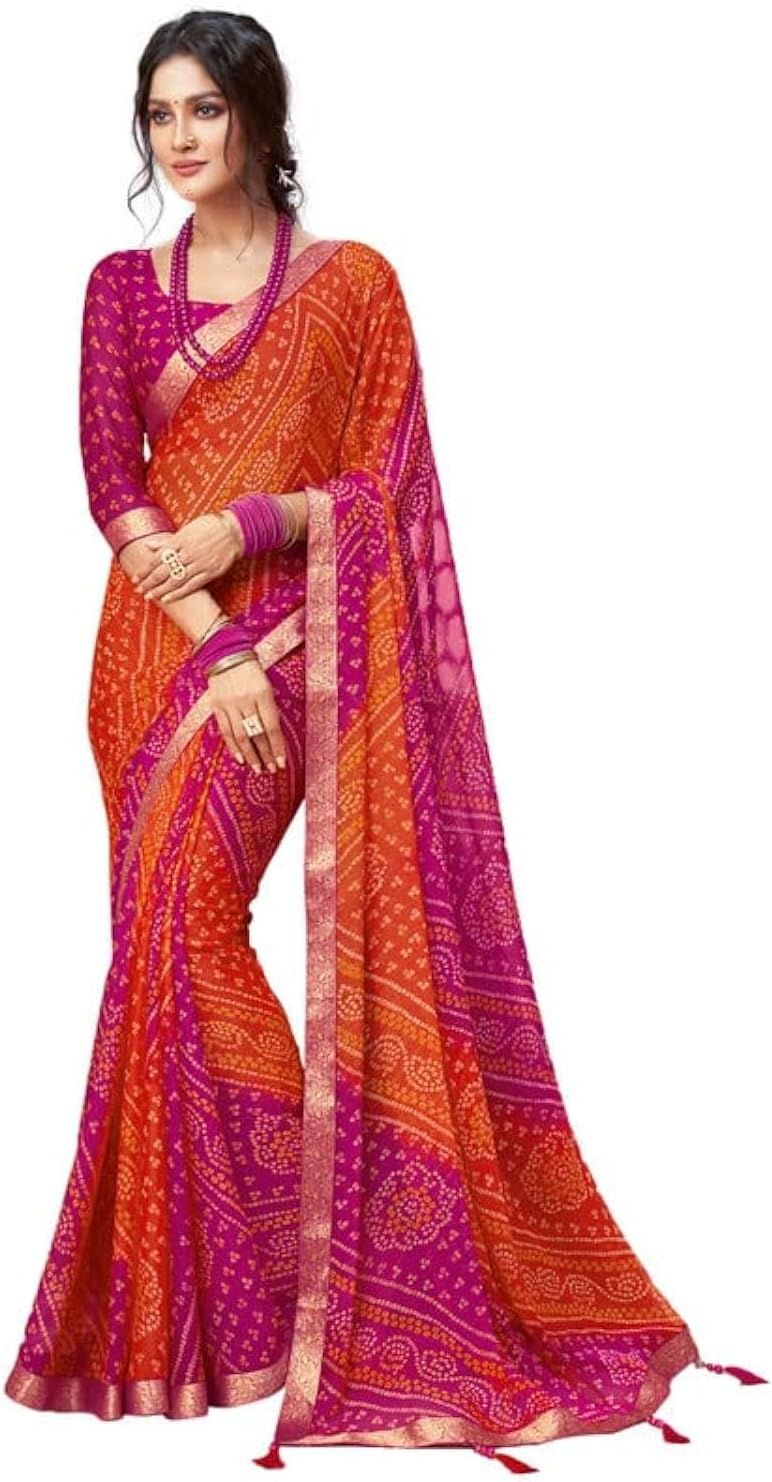 Women’s Bandhani Printed Chiffon Saree With Blouse(2612S2080_) 5.5 Meters Orange & Red
