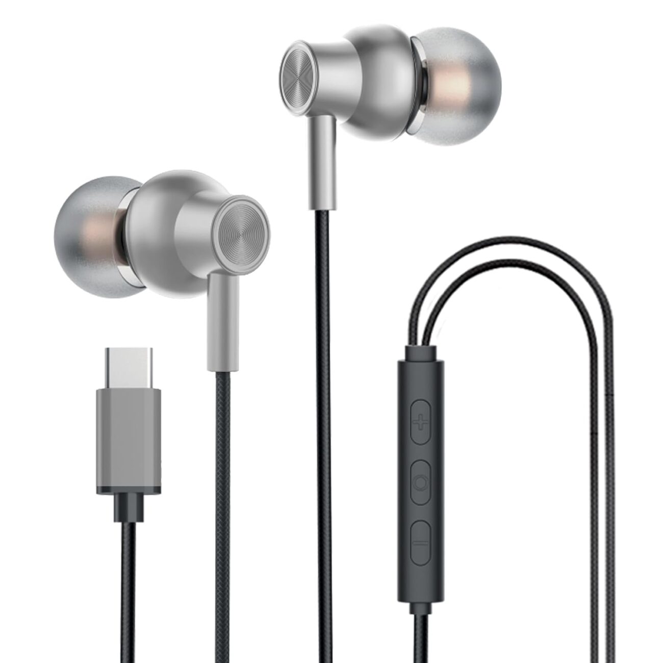 Kratos Tune V6 C Type Earphones Wired, Deep Bass Drivers Earphone, Inline Control Type c Headphones with Mic, Comfort Fit Type c Earphone with Volume Control,Metallic C pin Earphones (Grey)