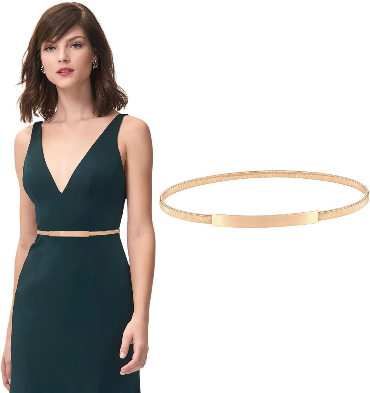 XZQTIVE 2 Pieces Women Skinny Metal Chain Waist Belt Stretchy Saree Cinch Belt for Dress Gold Sliver