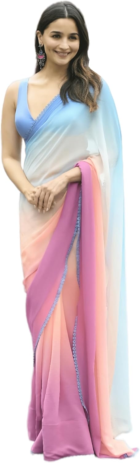 Women’s Printed Pure Georgette Saree With Unstitched Blouse Piece (Rocky Aur Rani Ki Prem Kahani Saree)