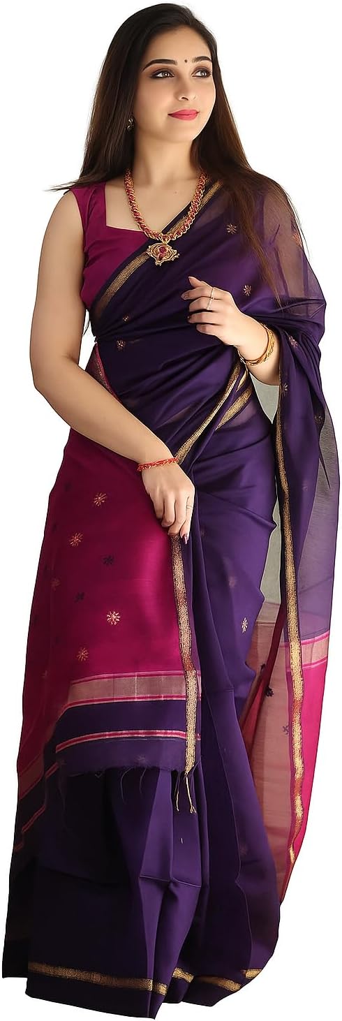 Women’s Cotton Silk Saree Purple and Magenta with Golden Zari Border | Soft Silk Saree with Unstitched Blouse Piece