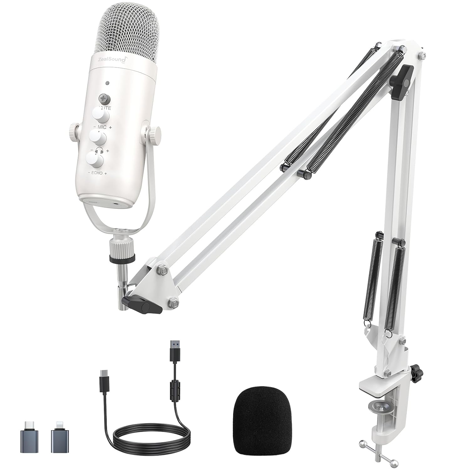 zealsound Gaming Condenser Microphone, Podcast Mic with Boom Arm for Phone/PC/PS4/PS5, USB Microphone for Recording/YouTube/Streaming, Headphone Output, Mute Button, Echo Volume Gain Control (White)