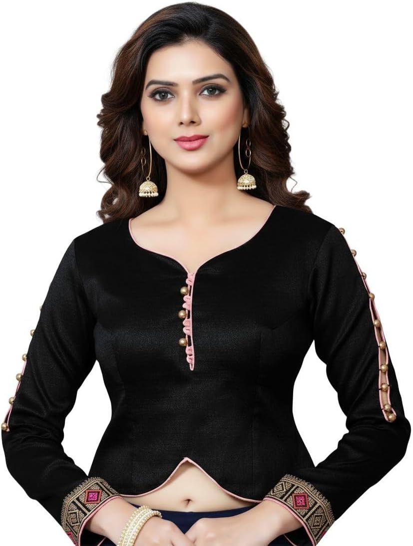 Elina fashion Women’s Banglori Silk Blouse with Embroidered Sleeves Traditional Wear for Saree Lehenga