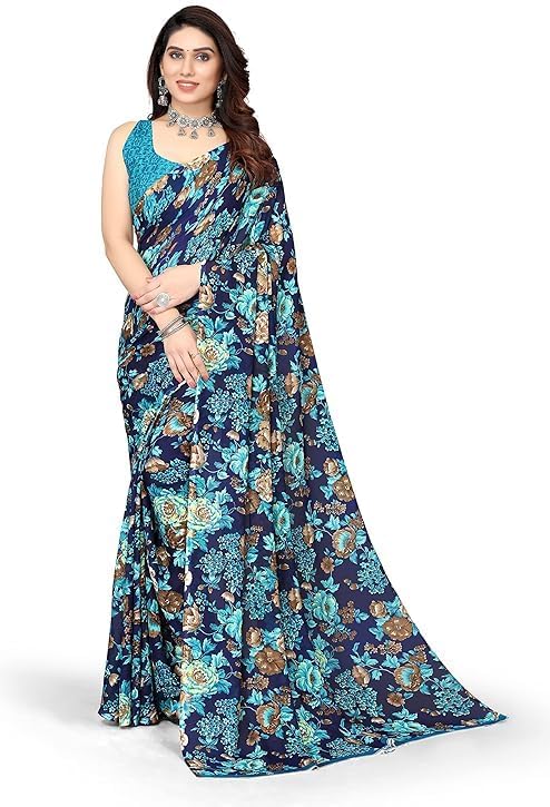 Women’s Floral Printed Georgette Saree with Mirror Work Lace Border & Blouse Piece | Designer Partywear Indian Sari for Wedding & Festive | Diwali Gift Item | Multicolour (Pack of 1)