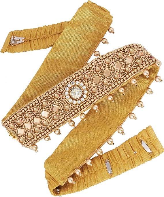 Traditional Stretchable Embroidery Saree Waist Belt – Golden Cloth Kamarpatta Kamarband for Women, Temple Adjustable 30-40 Inches