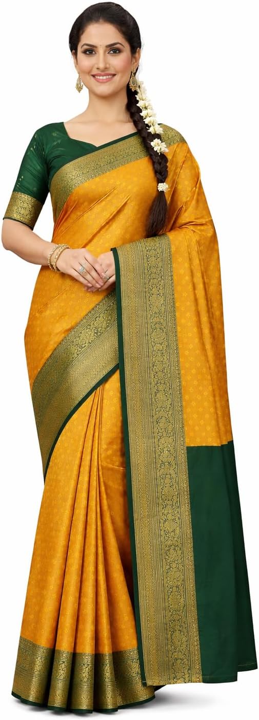 Women’s Banarasi Silk Saree With Golden Zari Border Elegant Festive Saree With Unstitched Blouse