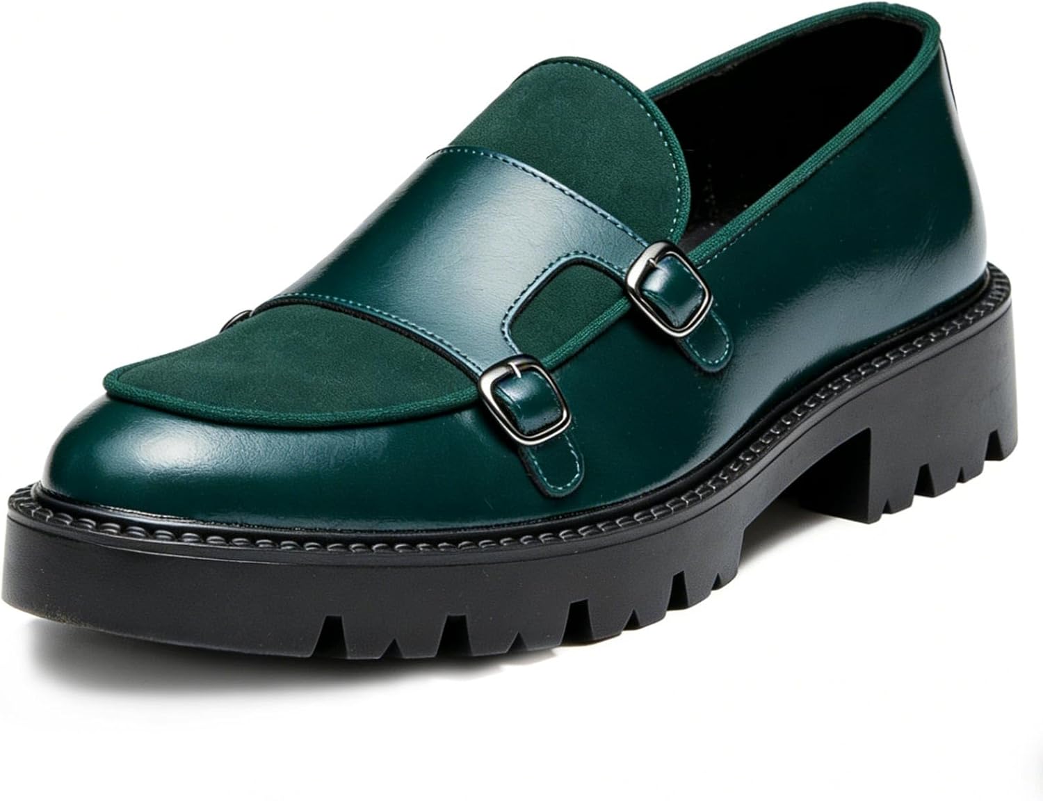Men’s Monk Strap Dress Shoes Platform Slip On Loafers Suede for Formal Business Party Dark Green
