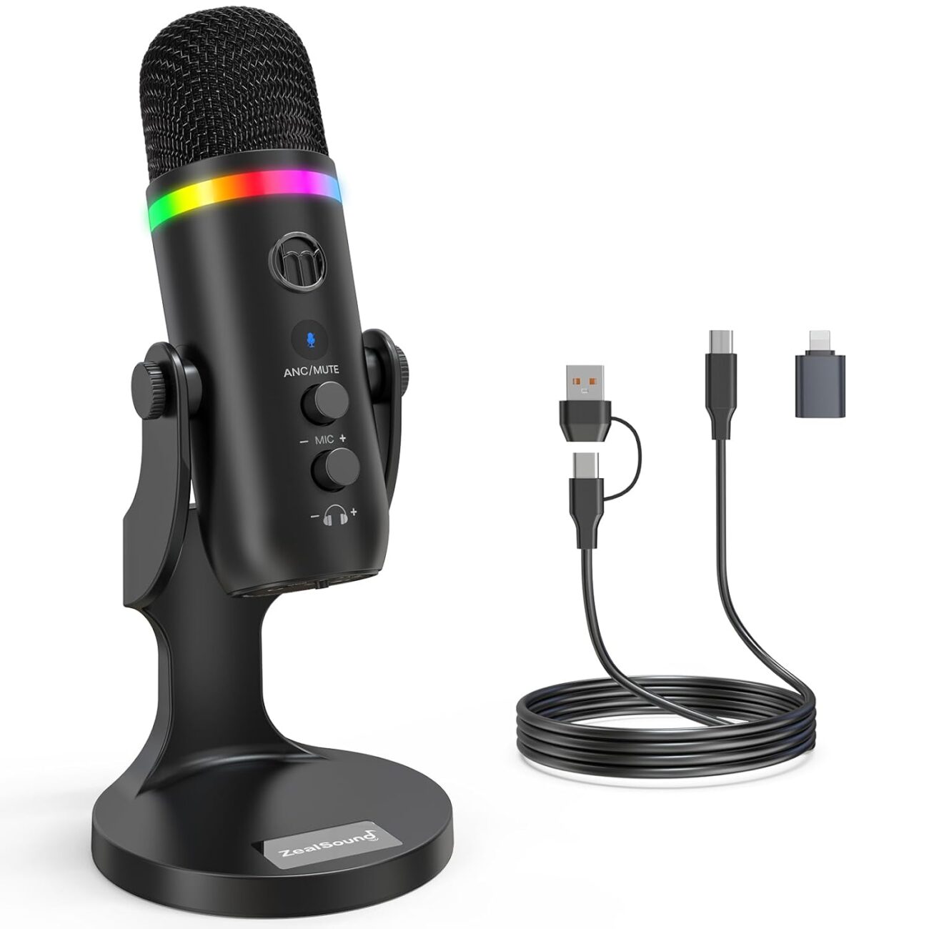 zealsound USB Microphone for PC, Phone, Noise Cancellation Condenser Mic with Quick Mute,Gain,Echo,Monitoring,RGB Indicator Microphone for Recording Streaming Discord YouTube Twitch Podcasts Videos