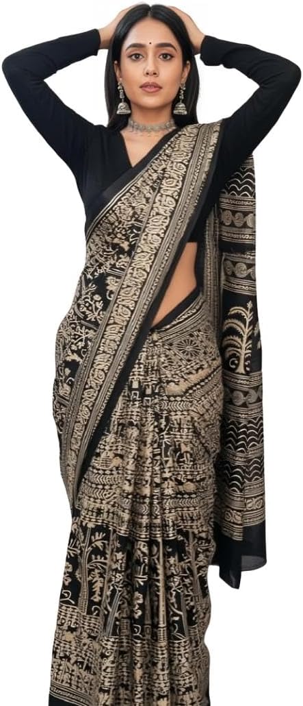Women’s Art Silk Printed Kalamkari Saree for women With Blouse Piece (Black And Beige)