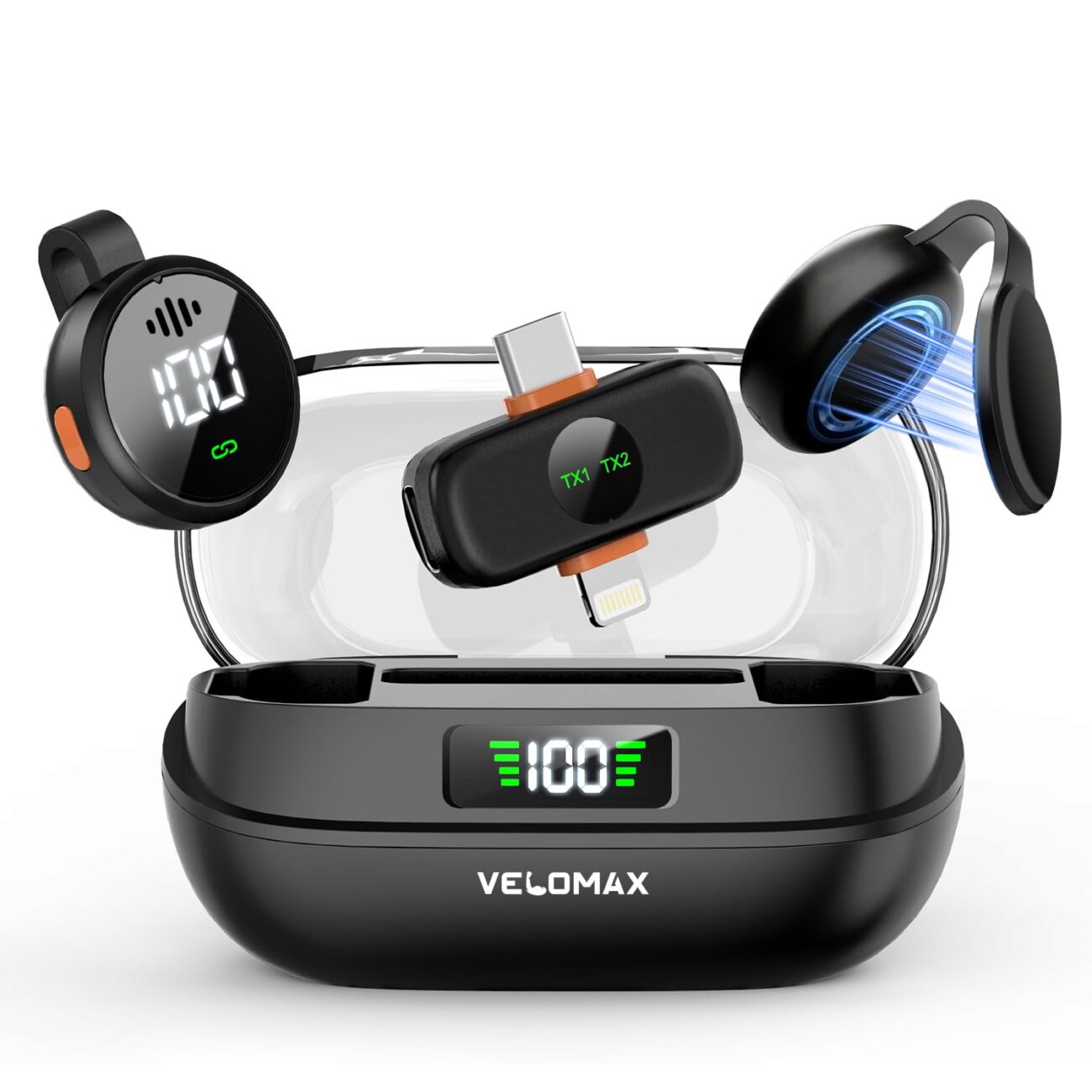 VELOMAX Wireless Mic for YouTube, 2-in-1 Mic for YouTube Wireless for iPhone/Android, Dual Clip-On Magnetic Microphone with 100FT Range, Lightning & Type-C Receiver, YouTube, Vlog, Streaming