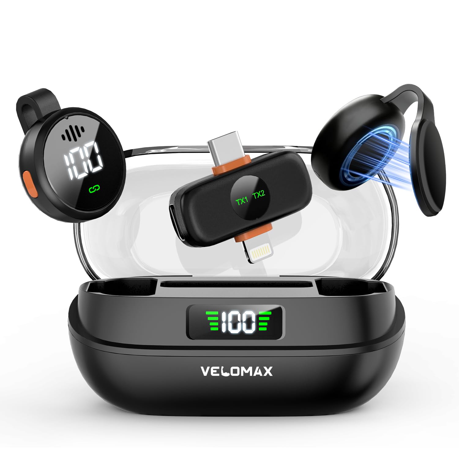 VELOMAX Wireless Mic for YouTube, 2-in-1 Mic for YouTube Wireless for iPhone/Android, Dual Clip-On Magnetic Microphone with 100FT Range, Lightning & Type-C Receiver, YouTube, Vlog, Streaming