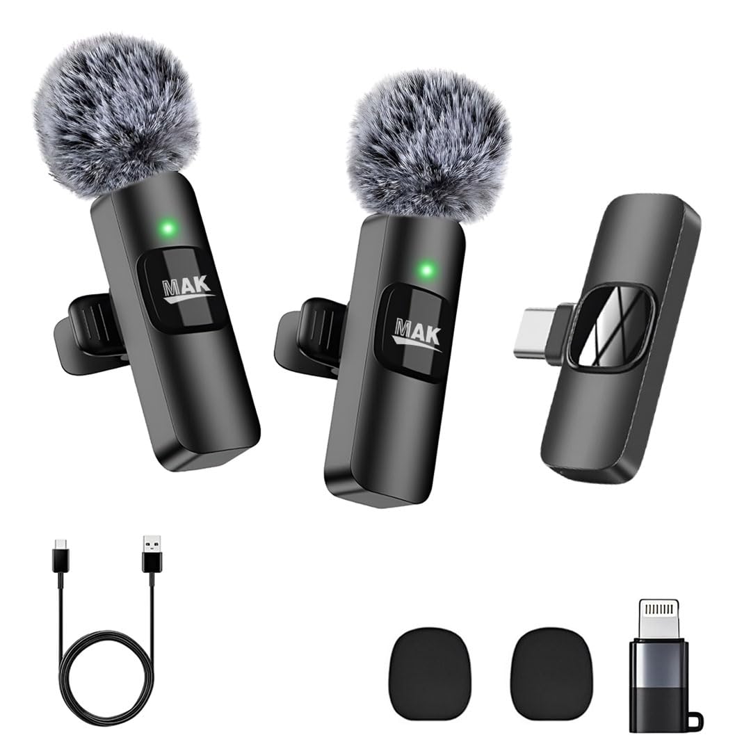MAK Dual Wireless Mic With Fur Windscreen, Noise Reduction Mic, Wireless Microphone for Youtubers, Vlogging, Recording, Compatible with Android/iOS/PC (Black, Single Mic)