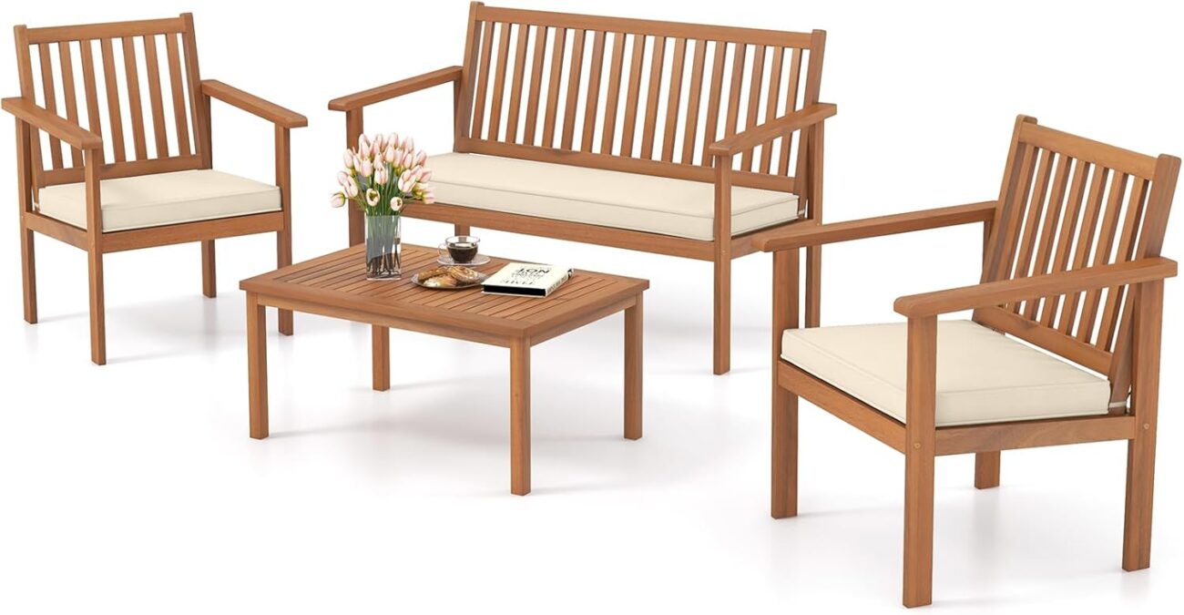 Tangkula 4 Piece Patio Wood Furniture Set, Acacia Wood Sofa Set w/Loveseat, 2 Chairs & Coffee Table, Soft Seat Cushions, Outdoor Wood Furniture Set for Porch, Yard, Balcony (Off White), OneSize