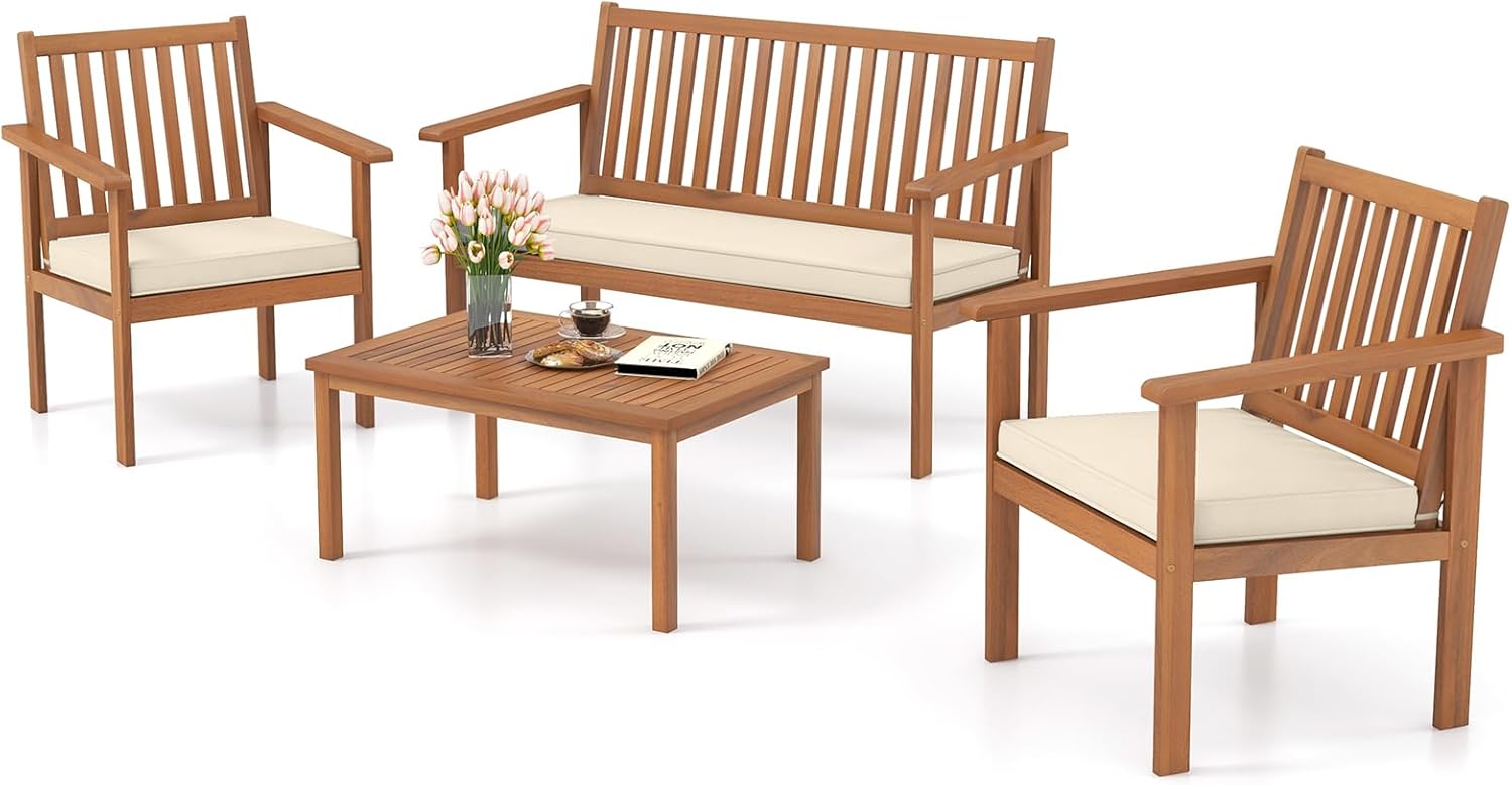 Tangkula 4 Piece Patio Wood Furniture Set, Acacia Wood Sofa Set w/Loveseat, 2 Chairs & Coffee Table, Soft Seat Cushions, Outdoor Wood Furniture Set for Porch, Yard, Balcony (Off White), OneSize