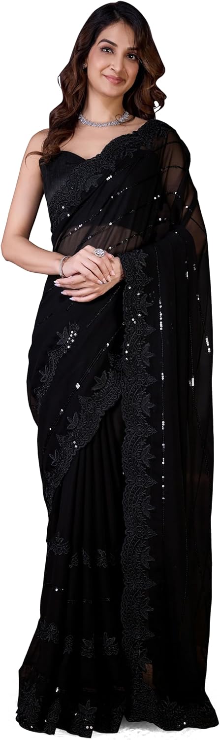 TRENDMALLS Women’s Georgette Sequence Embroidery Saree with Unstitch Blouse Piece