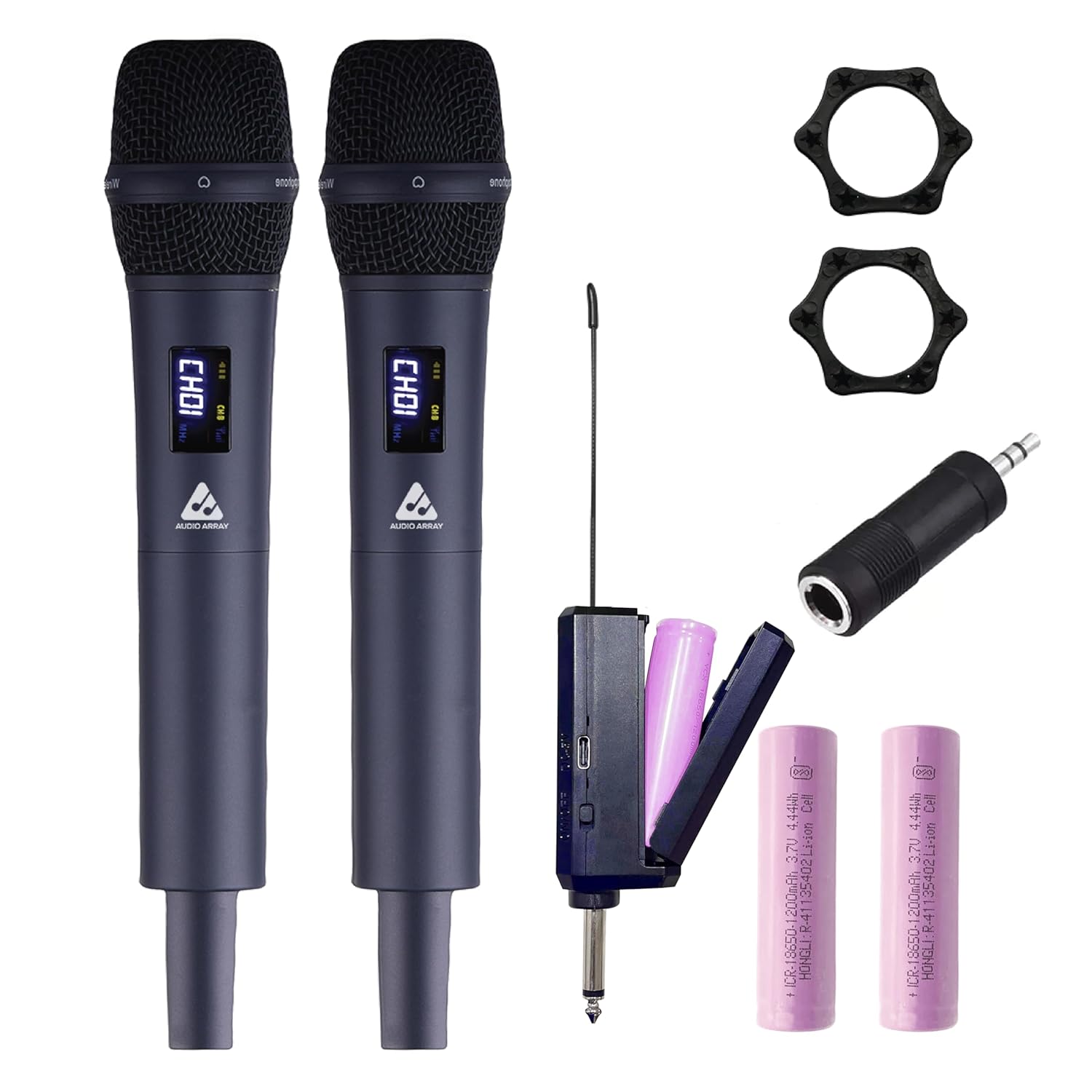 Audio Array AM-W32 UHF Dual Wireless Premium Metal Microphones | 1200mAh 6-8 Hours Receiver Battery Backup | Range up to 60M | Karaoke Singing, Wedding, DJ, Events | Built in Volume and Echo Controls