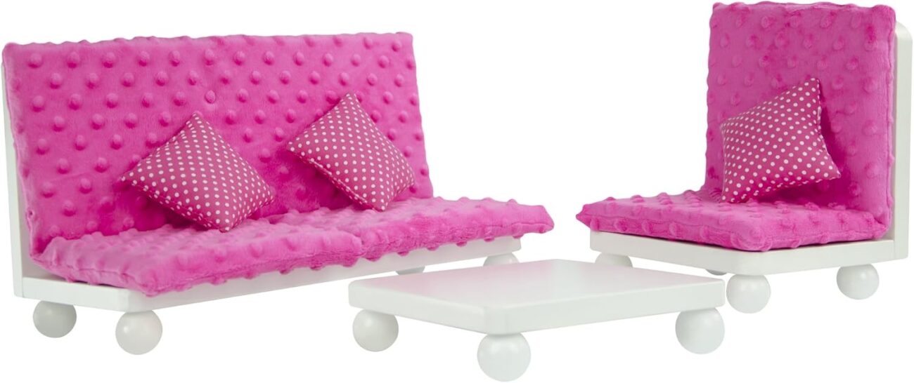 Olivia’s Little World – 18 inch Doll Furniture Accessories Princess Sofa & Coffee Table Living Room Lounge Set with Pink Cushion Wooden