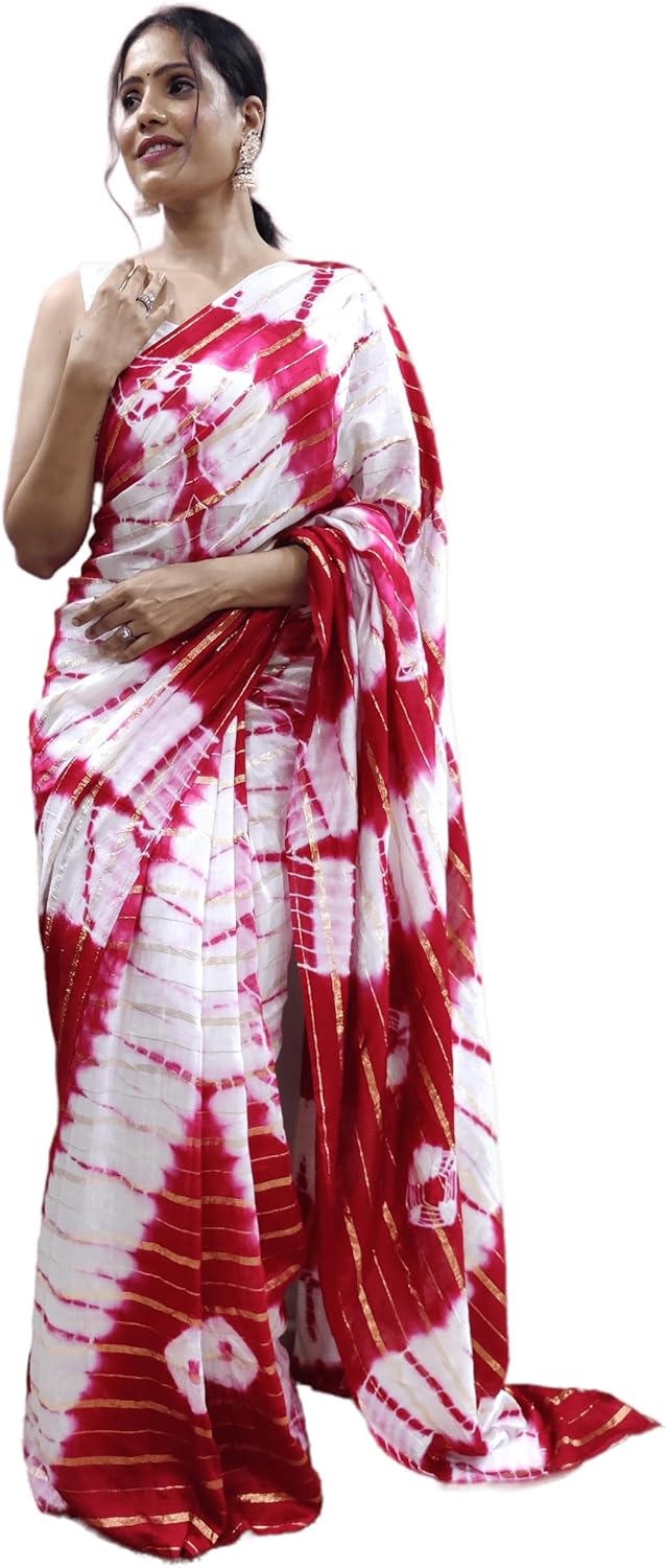 Women’s Nylone Hand Printed Saree With Unstitched Blouse Piece (Tie & Die) (Red)