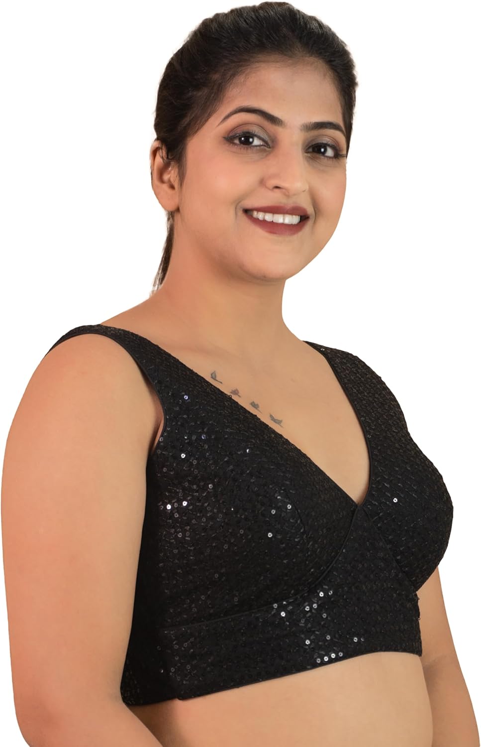 FIGURE’S DESIGNER Women’s Sequin Embroidered Premium Net Fabric Sleeveless V Neck Sabyasachi Cut Readymade Saree Blouse E20