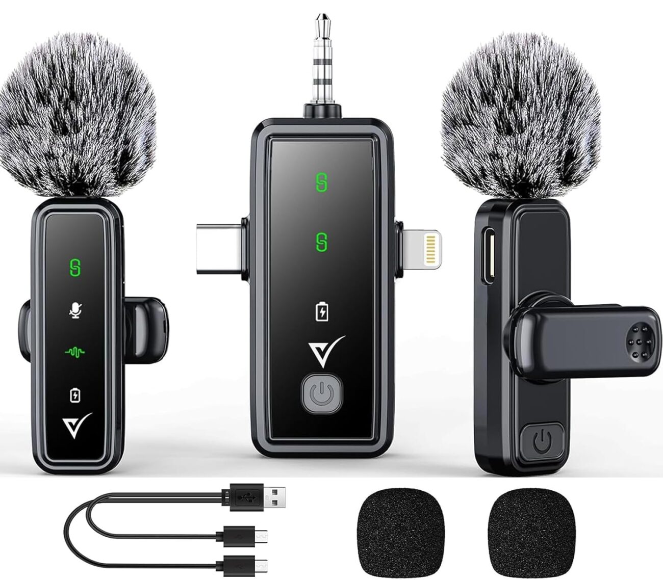 VELOMAX 3 in 1 Noise Cancellation Wireless Microphone for iPhone/Android USB-C/Camera with LED Indicator Light, 164FT Transmission Range Wireless Mic for Youtubers,Video Recording, Streaming