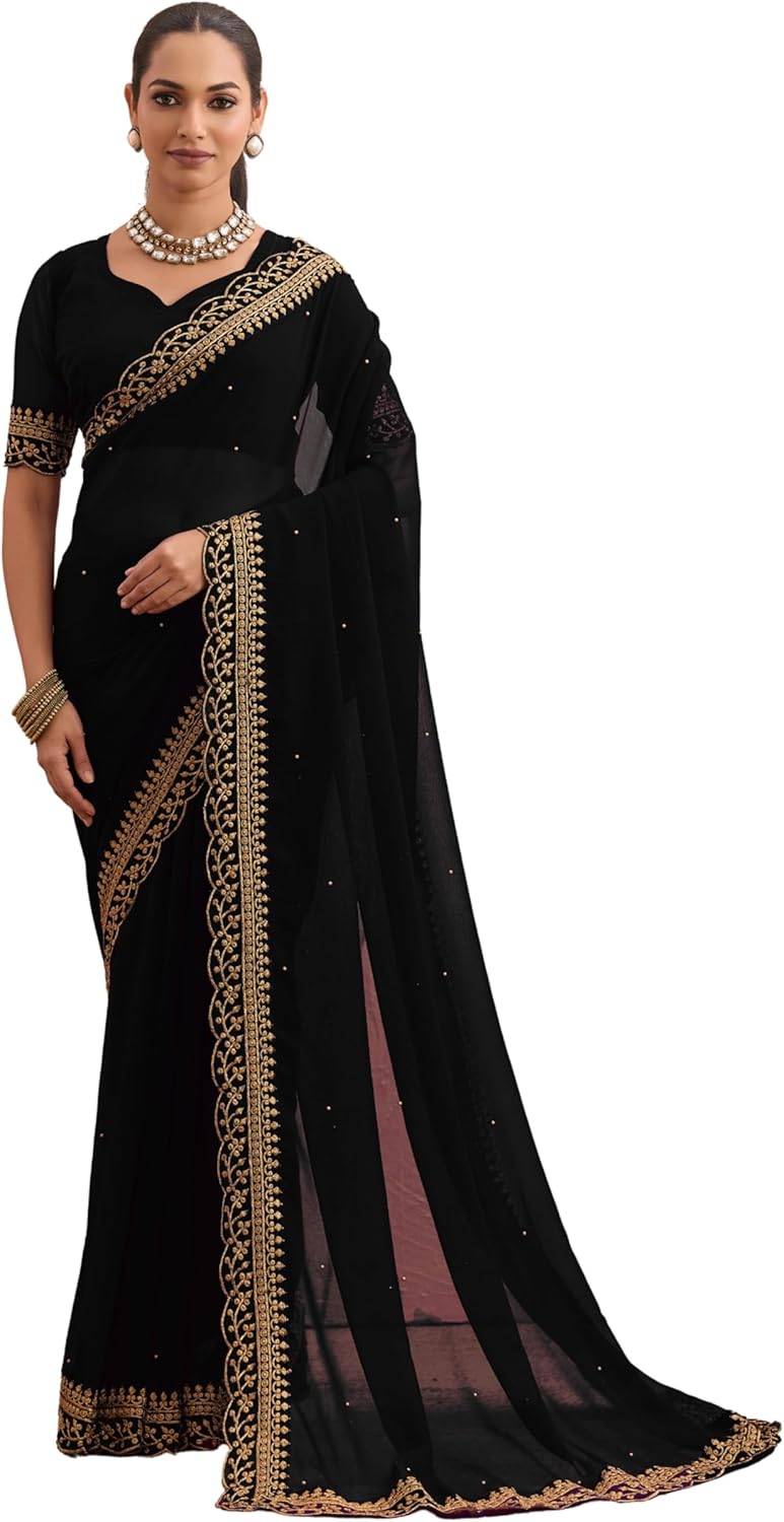 Saree for Women Georgette Golden Embroidery Border Beads work Saree with Blouse Piece