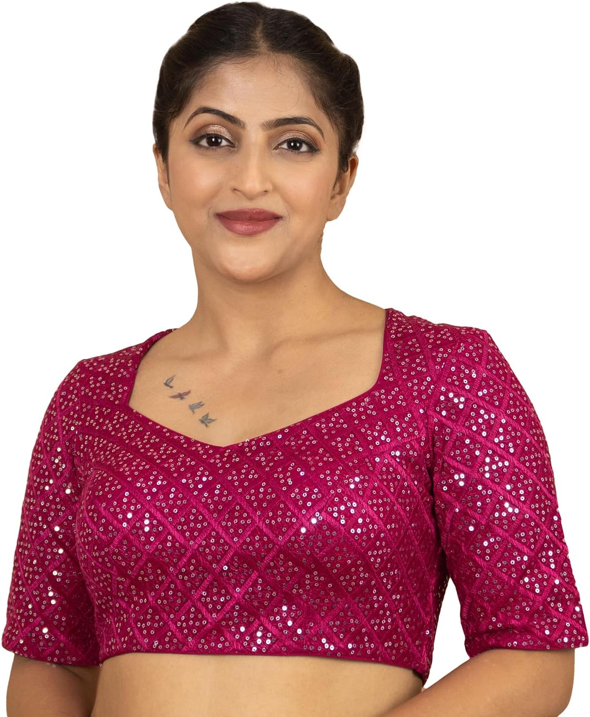 FIGURE’S DESIGNER Women’s Sequin Embroidered Square V Neck Elbow Half Sleeve Readymade Saree Blouse