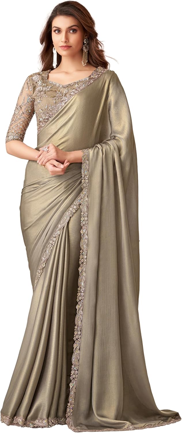 TRENDMALLS Women’s Tussar Silk Embroidery With Sequence Work Saree with Unstitched Blouse
