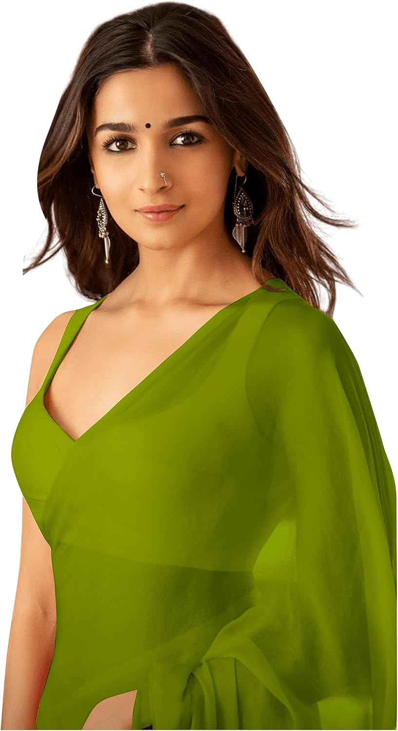 Women’s Plain Pure Georgette Saree With Unstitched Blouse Piece (Rocky Aur Rani Ki Prem Kahani Alia Bhatt Saree)