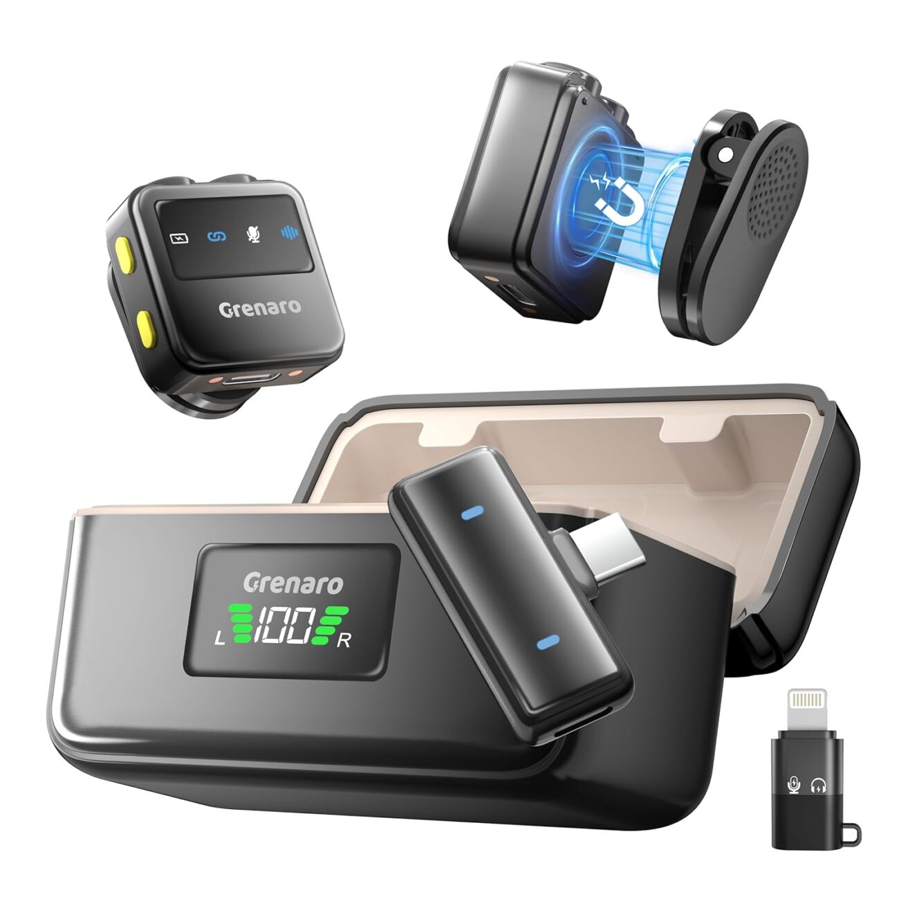 GRENARO P10 Wireless Mic for Youtubers with 3-Level Noise Reduction,Mic for YouTube Wireless with 40H Charging Case,Compatible with Devices Featuring Type-C and Lightning Ports Devices