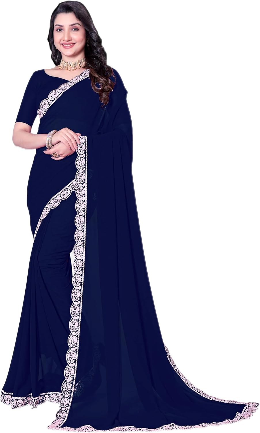 Saree for Women Georgette Floral threadwork Embroidery Border work Saree with Blouse Piece